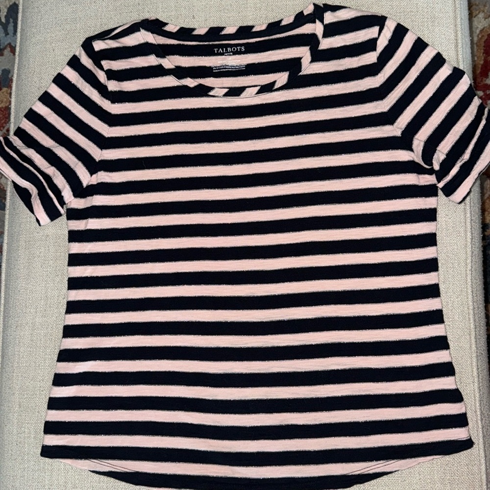 TALBOTS Top Blue & Pink Stripes W/Silver Metallic. Rolled short sleeve EUC